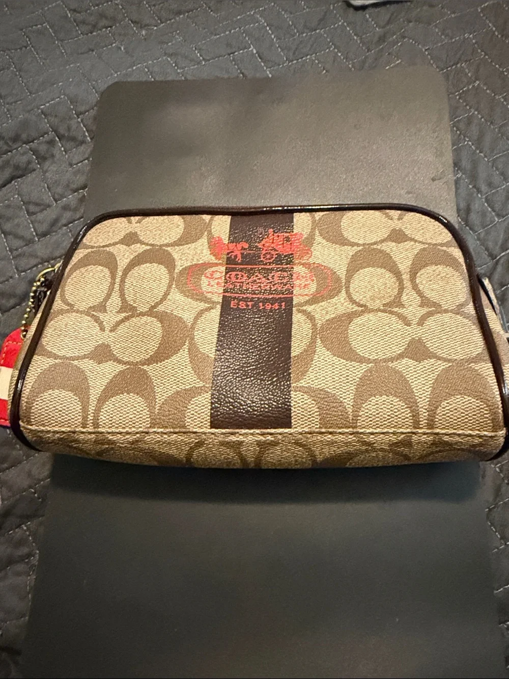 Coach Heritage Signature Canvas Toiletry‎ Case in Brown with Red Accent